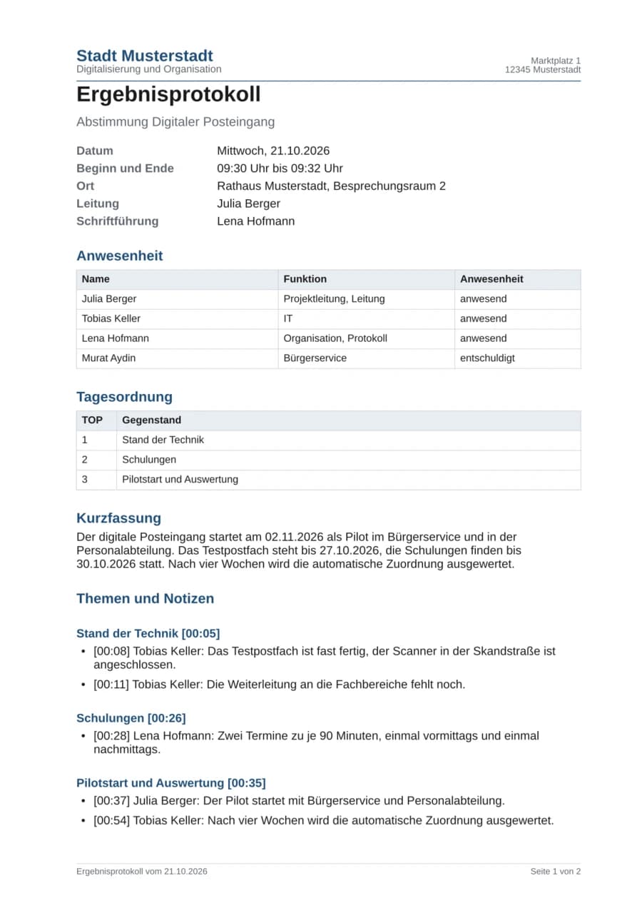 Beispielprotokoll, Seite 1: Sitzungsdaten, Anwesenheit, Kurzfassung und Themen mit Zeitmarke