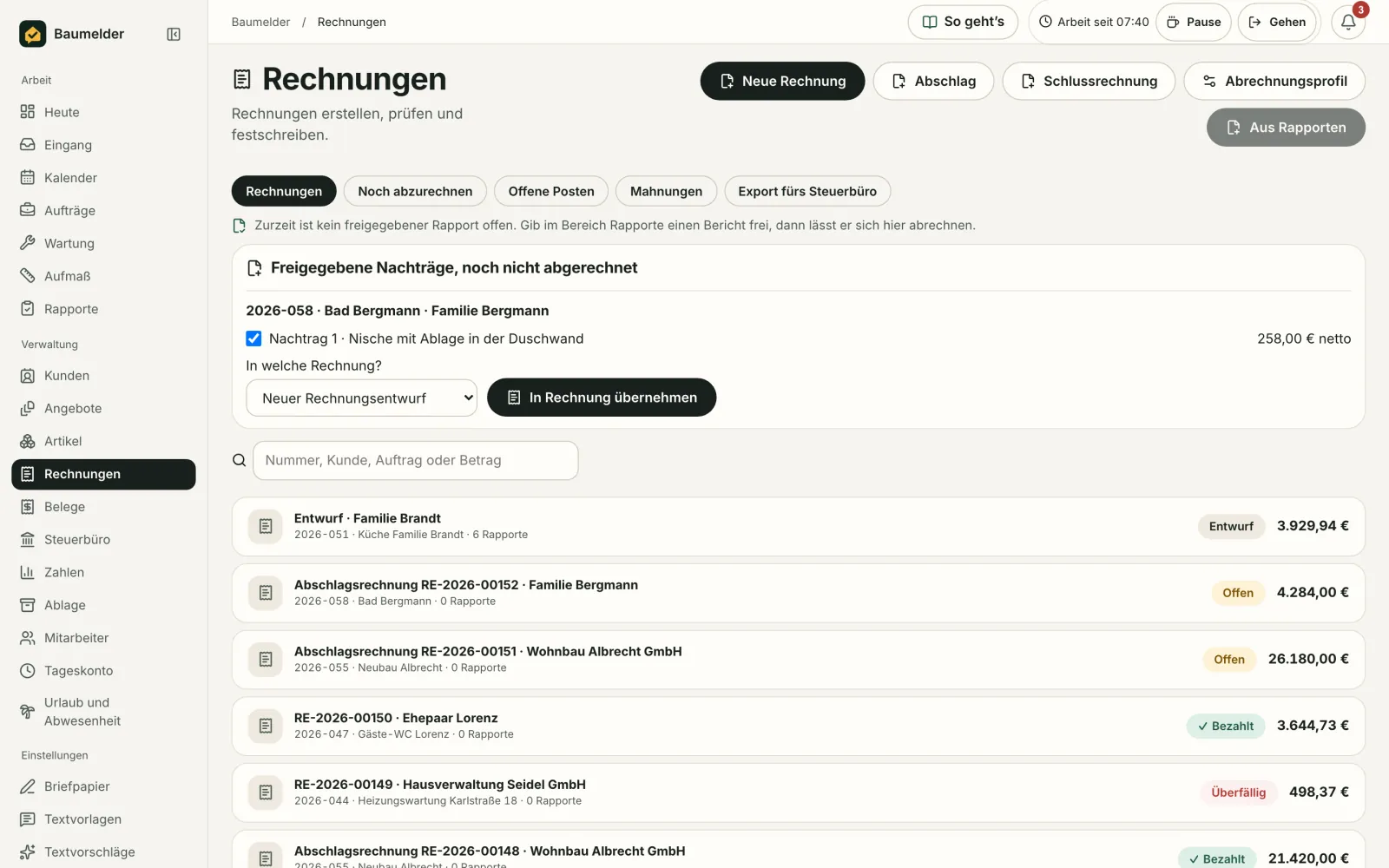 Baumelder Büro: Rechnungen, Abschläge und Mahnungen