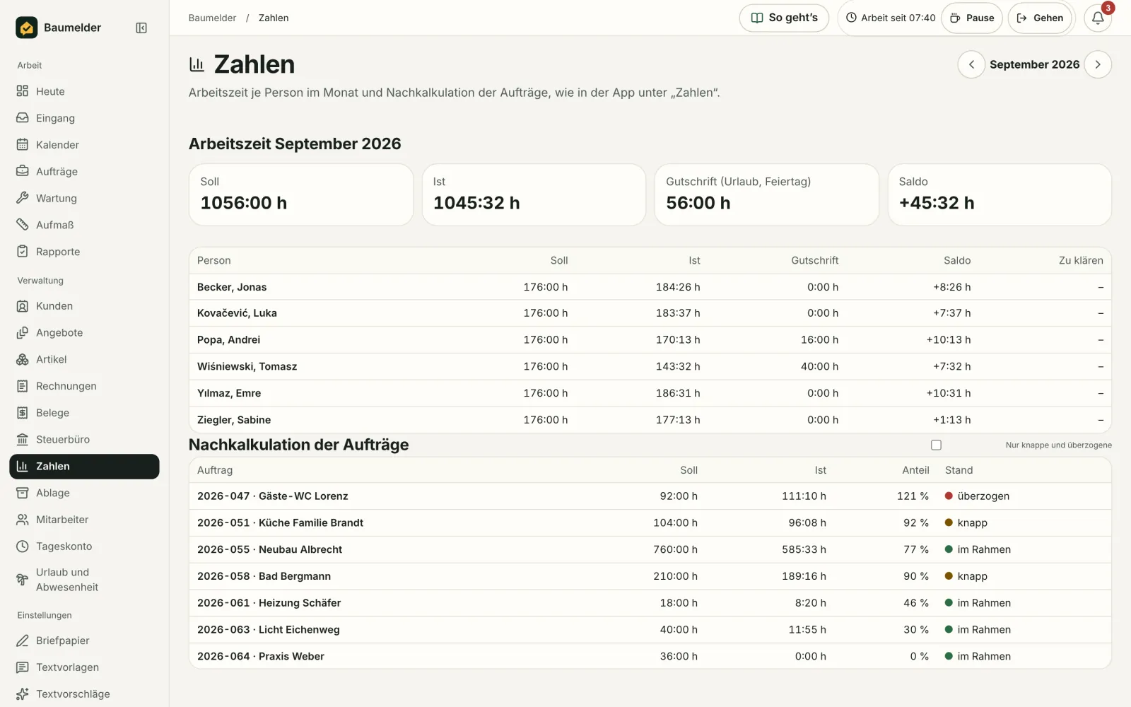 Baumelder Büro: Zahlen: Stunden und Nachkalkulation